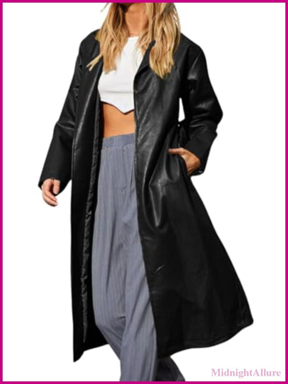 Faux Leather Trench Coat Long Sleeve Button Closure Notch Collar